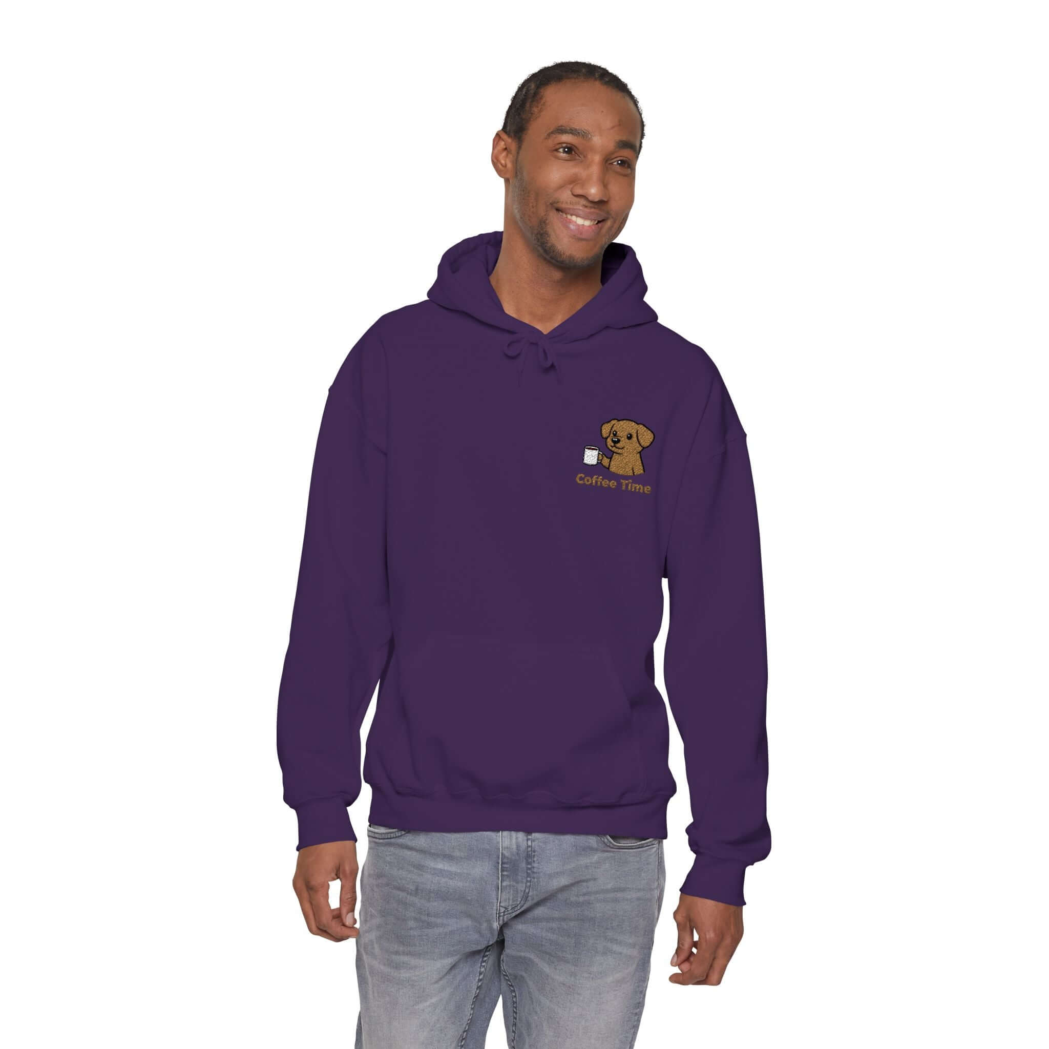 Coffee Time Dog Embroidered Pullover Hoodie - Unisex Style