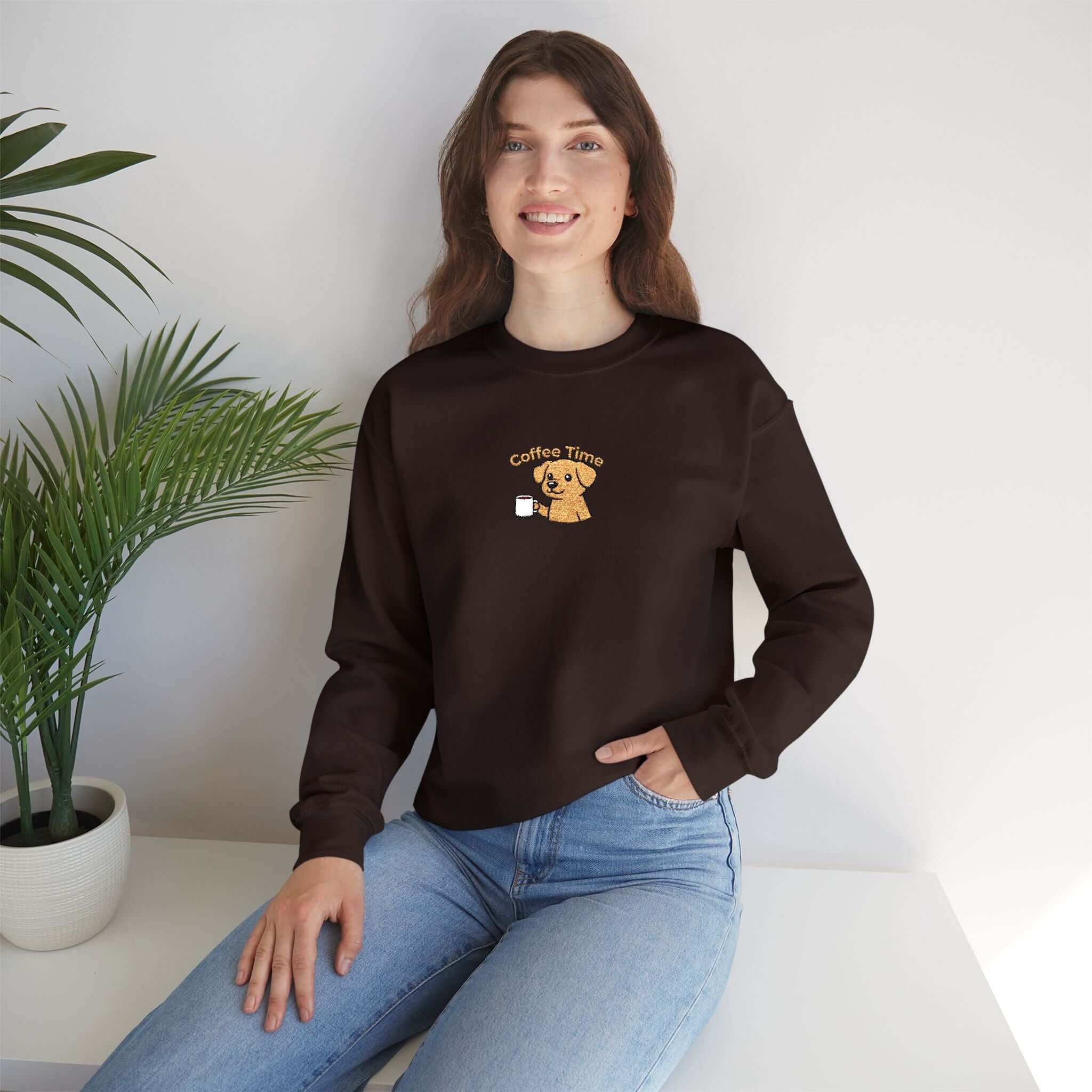 Cute Coffee Dog Embroidered Crewneck Sweatshirt