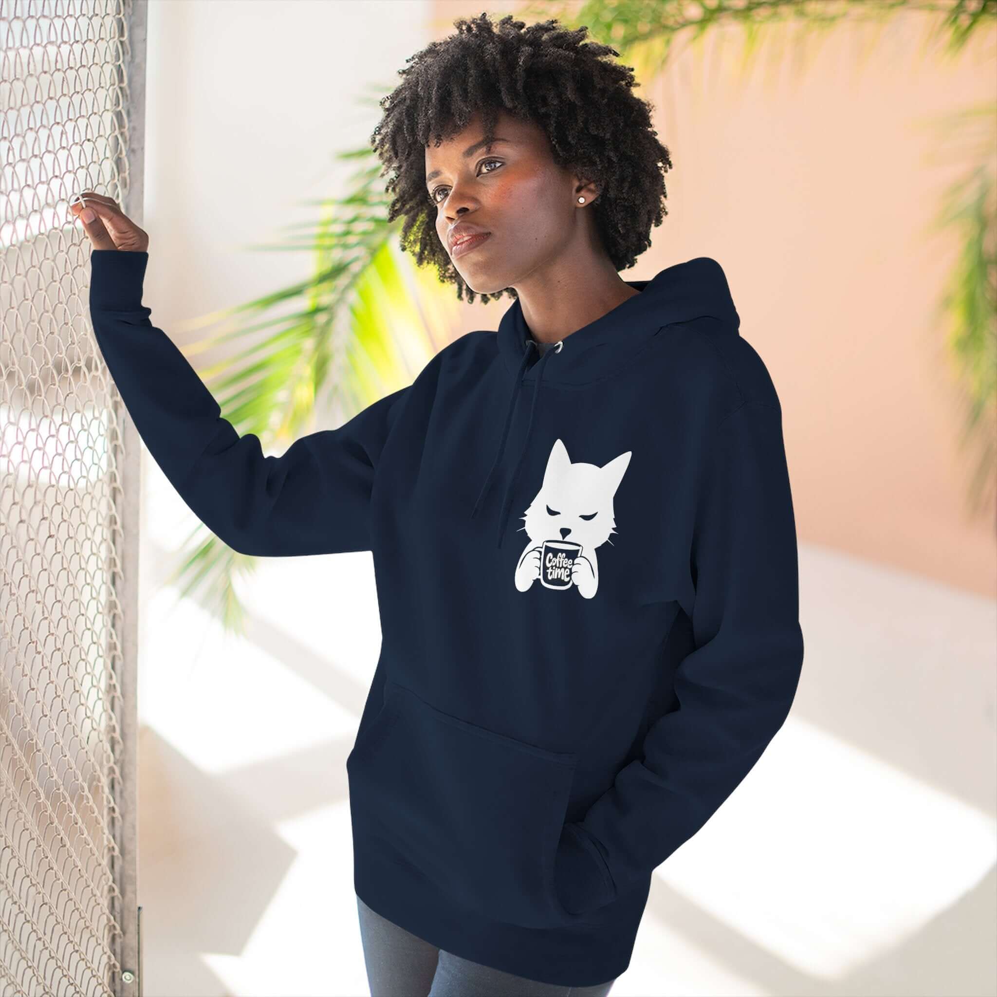 Cozy Cat Coffee Time Graphic Fleece Hoodie